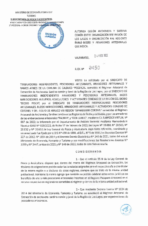 Res Ex N° 450-2022, Autoriza Cesión de Anchoveta y Sardina Común, Región de Los Lagos a Regiones de Ñuble y del Biobío. (Publicado en Página Web 25-02-2022)