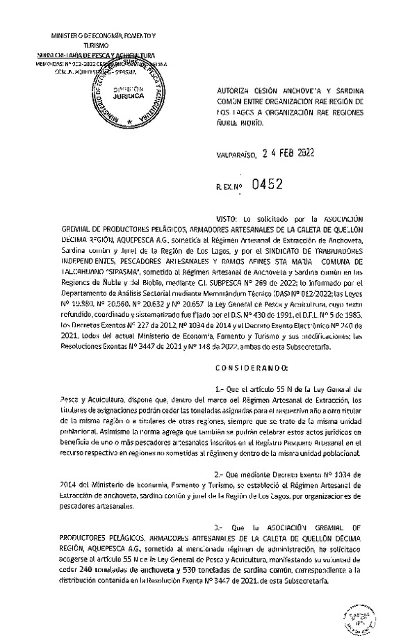 Res Ex N° 452-2022, Autoriza Cesión de Anchoveta y Sardina Común, Región de Los Lagos a Regiones de Ñuble y del Biobío. (Publicado en Página Web 25-02-2022)
