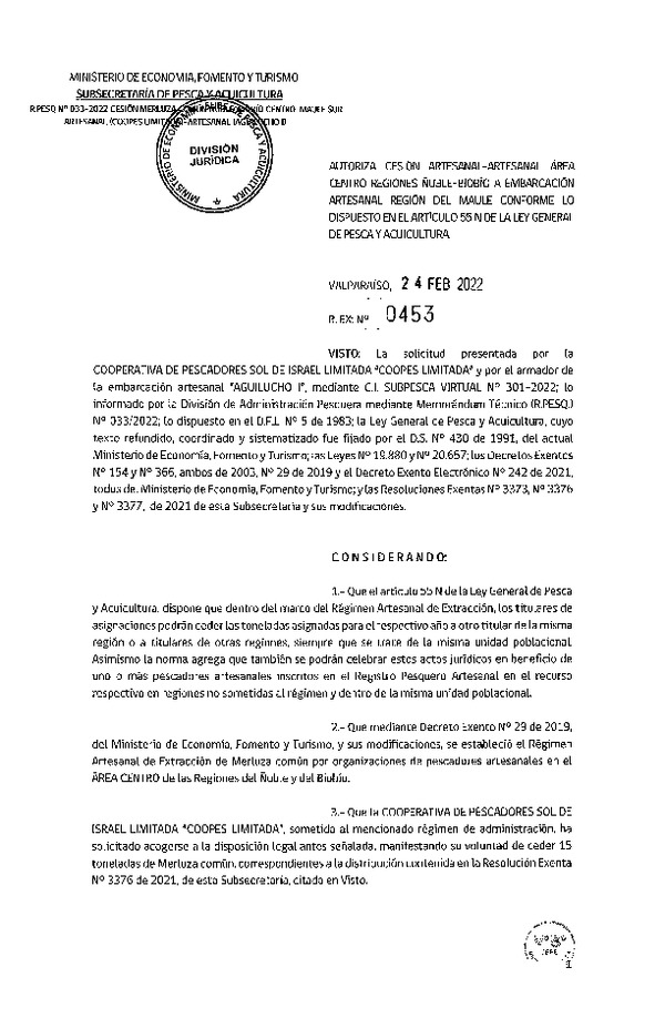 Res Ex N° 453-2022, Autoriza Cesión Área Centro Regiones de Ñuble-Biobío a Embarcación Artesanal Región del Maule. (Publicado en Página Web 25-02-2022)