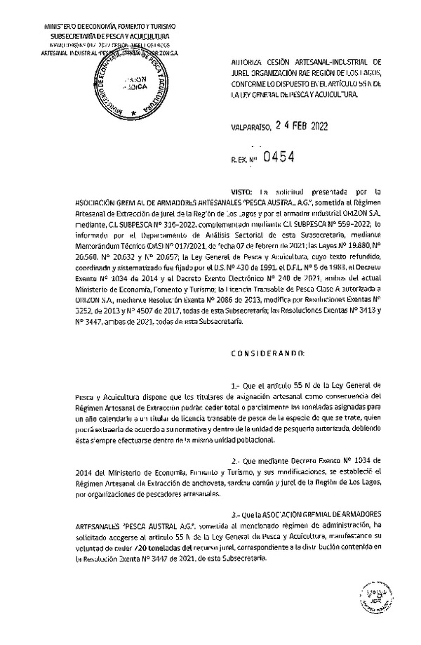 Res Ex N° 454-2022, Autoriza Cesión de Jurel Organización RAE Región de Los Lagos. (Publicado en Página Web 25-02-2022)