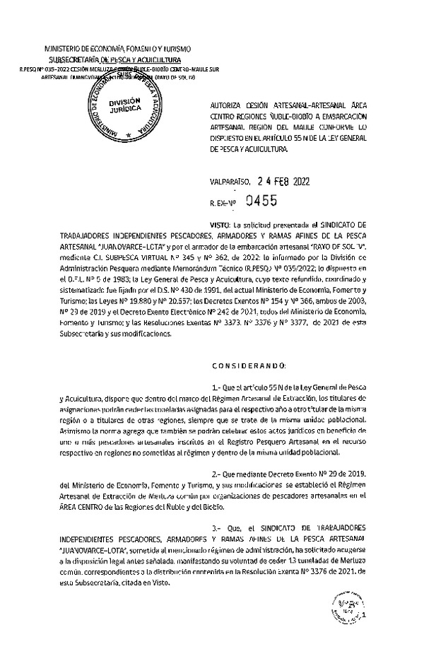 Res Ex N° 455-2022, Autoriza Cesión Área Centro Regiones de Ñuble-Biobío a Embarcación Artesanal Región del Maule. (Publicado en Página Web 25-02-2022)