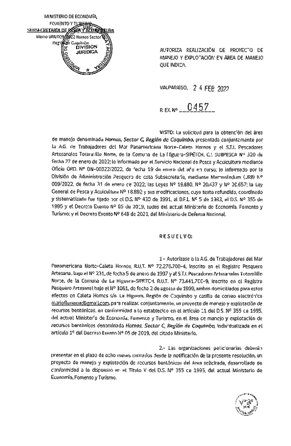 Res Ex N° 457-2022, Autoriza Realización de Proyecto de Manejo y Explotación en Área de Manejo que Indica. (Publicado en Página Web 25-02-2022)