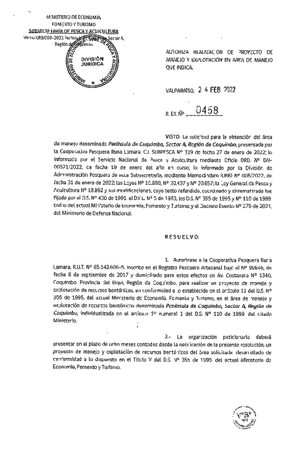 Res Ex N° 458-2022, Autoriza Realización de Proyecto de Manejo y Explotación en Área de Manejo que Indica. (Publicado en Página Web 25-02-2022)