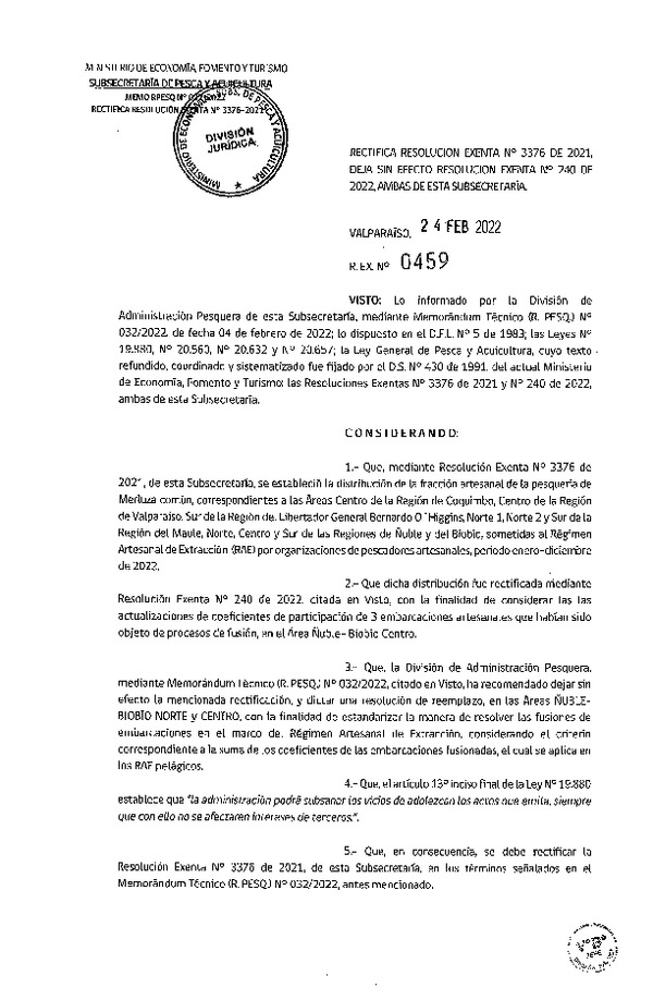 Res. Ex. N° 459-2022 Rectifica Res. Ex. N° 3376-2021, Deja sin Efecto Resolución Exenta N° 240-2022, Ambas de esta Subsecretaría. (Publicado en Página Web 25-02-2022)