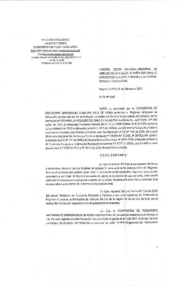 Res. Ex. N° 019-2022 (DZP Aysén) Autoriza cesión Merluza del Sur. (Publicado en Página Web 25-02-2022)