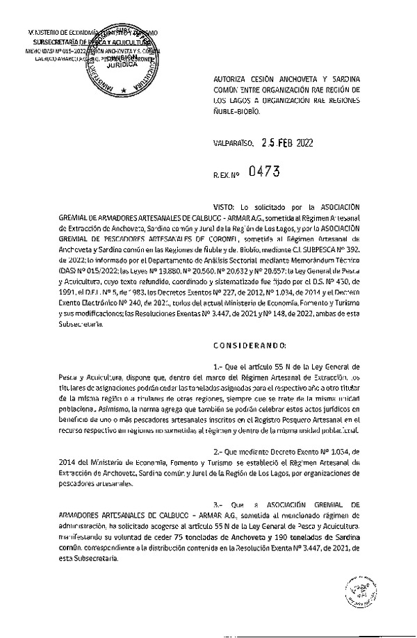 Res Ex N° 473-2022, Autoriza Cesión de Anchoveta y Sardina Común, Región de Los Lagos a Regiones de Ñuble y del Biobío. (Publicado en Página Web 25-02-2022)
