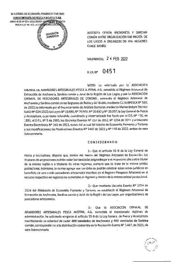 Res Ex N° 451-2022, Autoriza Cesión de Anchoveta y Sardina Común, Región de Los Lagos a Regiones de Ñuble y del Biobío. (Publicado en Página Web 28-02-2022)