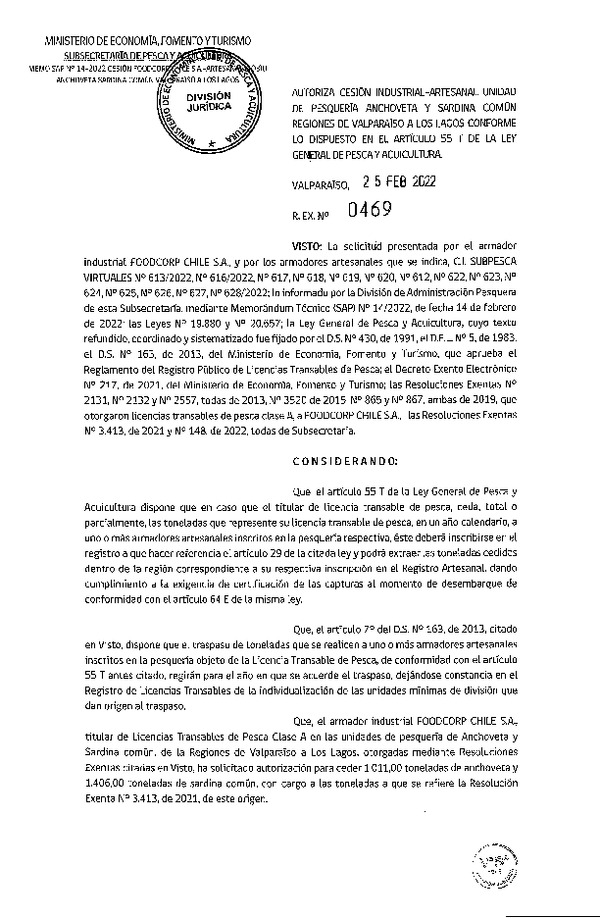 Res. Ex. N° 469-2022, Autoriza Cesión unidad de pesquería Anchoveta y Sardina Común, Regiones Valparaíso a Los Lagos. (Publicado en Página Web 28-02-2022)