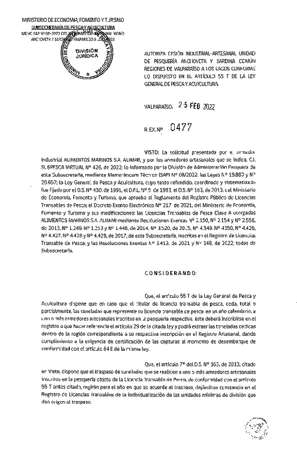Res. Ex. N° 477-2022, Autoriza Cesión unidad de pesquería Anchoveta y Sardina Común, Regiones Valparaíso a Los Lagos. (Publicado en Página Web 28-02-2022)