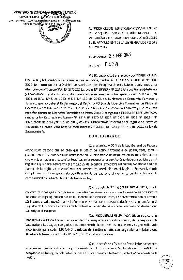 Res. Ex. N° 478-2022, Autoriza Cesión unidad de pesquería Anchoveta y Sardina Común, Regiones Valparaíso a Los Lagos. (Publicado en Página Web 28-02-2022)