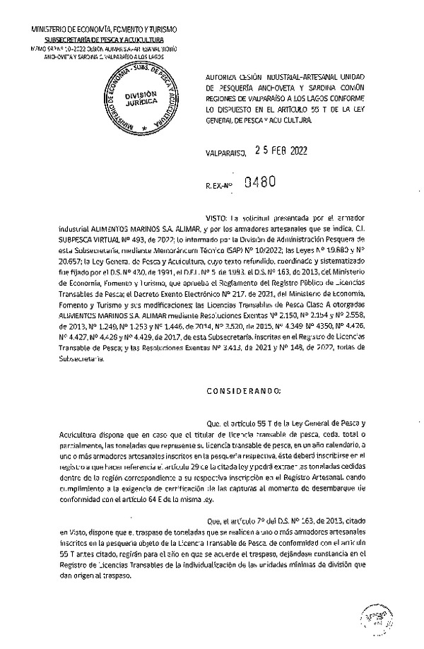 Res. Ex. N° 480-2022, Autoriza Cesión unidad de pesquería Anchoveta y Sardina Común, Regiones Valparaíso a Los Lagos. (Publicado en Página Web 28-02-2022)