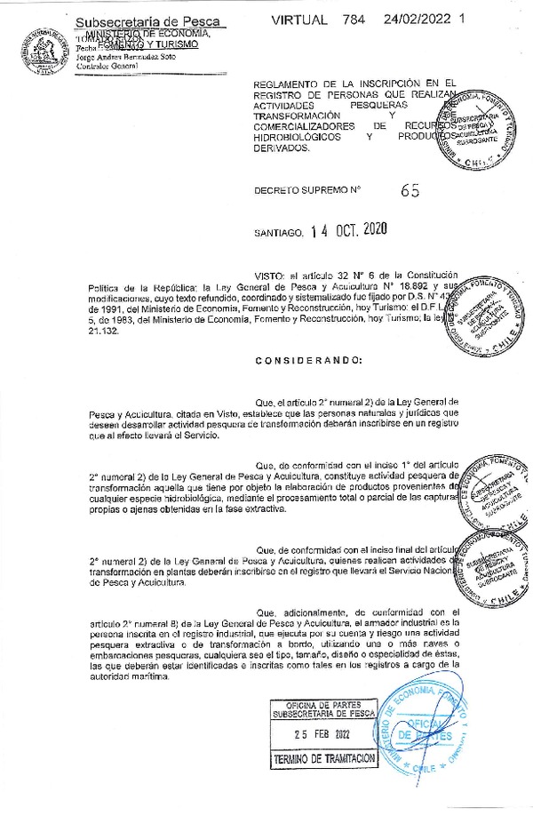 D.S. N° 65-2022 Reglamento de la inscripción en el registro de personas que realizan actividades pesqueras de transformación y comercializadores de recursos hidrobiológicos y productos derivados.(Publicado en Página Web 28-02-2022)