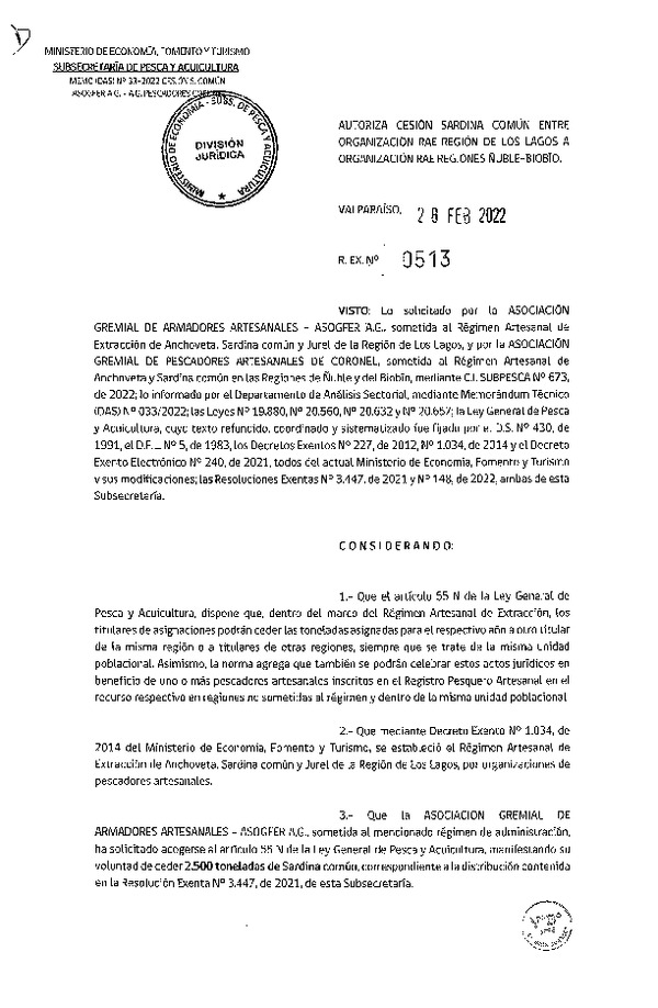 Res Ex N° 513-2022, Autoriza Cesión de Sardina Común, Región de Los Lagos a Regiones de Ñuble y del Biobío. (Publicado en Página Web 01-03-2022)