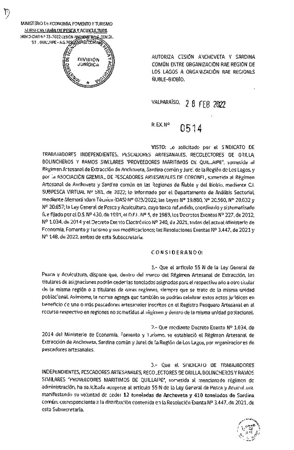 Res Ex N° 514-2022, Autoriza Cesión de Anchoveta y Sardina Común, Región de Los Lagos a Regiones de Ñuble y del Biobío. (Publicado en Página Web 01-03-2022)