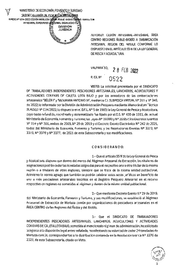 Res. Ex. N° 522-2022 Autoriza Cesión de Merluza Común de Ñuble-Biobío a Región del Maule. (Publicado en Página Web 01-03-2022