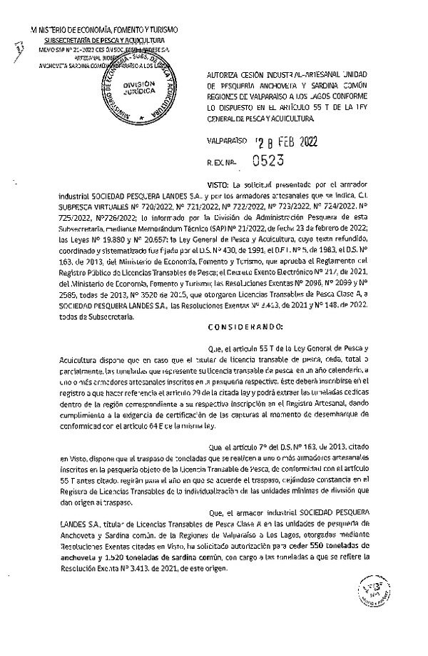 Res. Ex. N° 523-2022 Autoriza Cesión de Anchoveta y Sardina común, Región de Valparaíso a Los Lagos. (Publicado en Página Web 01-03-2022)