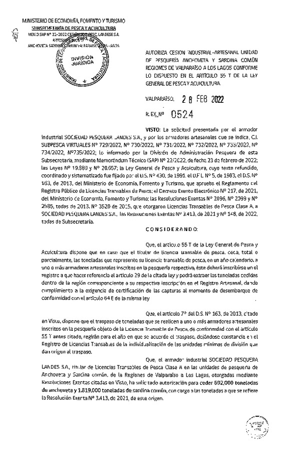 Res. Ex. N° 524-2022 Autoriza Cesión de Anchoveta y Sardina común, Región de Valparaíso a Los Lagos. (Publicado en Página Web 01-03-2022)