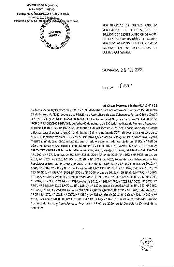 Res. Ex. N° 481-2022, Fija Densidad de Cultivo para las Agrupación de Concesiones de Salmónidos 21D en la Región de Aysén del General Carlos Ibáñez del Campo. (Publicado en Página Web 01-03-2022)