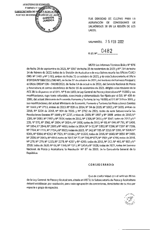 Res. Ex. N° 482-2022, Fija Densidad de Cultivo para las Agrupación de Concesiones de Salmónidos 3B en la Región de Los Lagos. (Publicado en Página Web 01-03-2022)