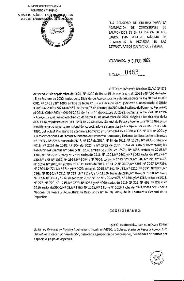 Res. Ex. N° 483-2022, Fija Densidad de Cultivo para las Agrupación de Concesiones de Salmónidos 13 en la Región de Los Lagos. (Publicado en Página Web 01-03-2022)