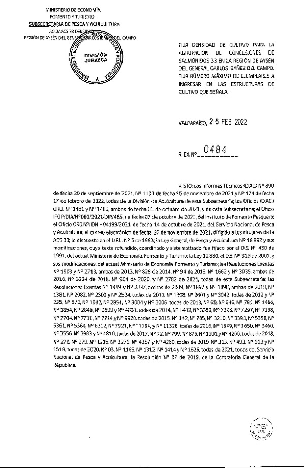 Res. Ex. N° 484-2022, Fija Densidad de Cultivo para las Agrupación de Concesiones de Salmónidos 33 en la Región de Aysén del General Carlos Ibáñez del Campo. (Publicado en Página Web 01-03-2022)