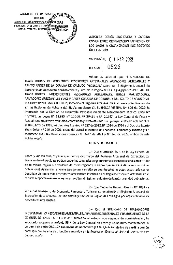 Res Ex N° 526-2022, Autoriza Cesión de Anchoveta y Sardina Común, Región de Los Lagos a Regiones de Ñuble y del Biobío. (Publicado en Página Web 01-03-2022)
