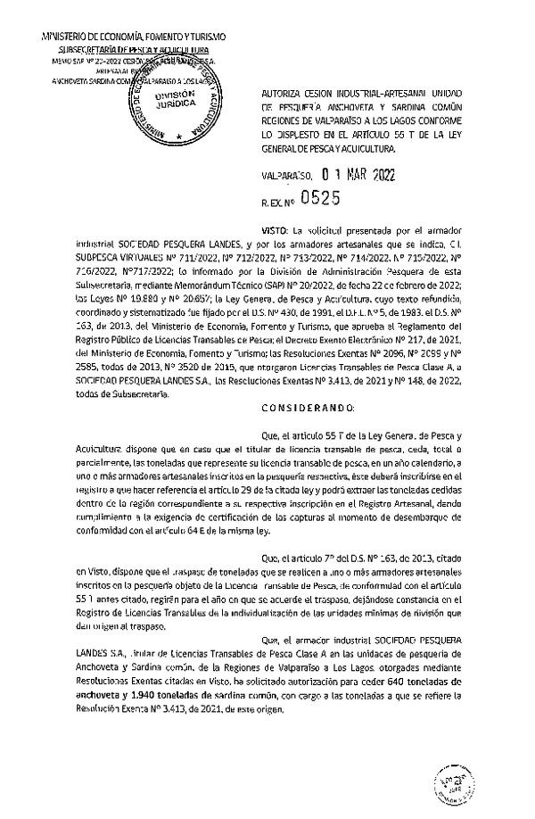 Res. Ex. N° 525-2022, Autoriza Cesión unidad de pesquería Anchoveta y Sardina Común, Regiones Valparaíso a Los Lagos. (Publicado en Página Web 01-03-2022)