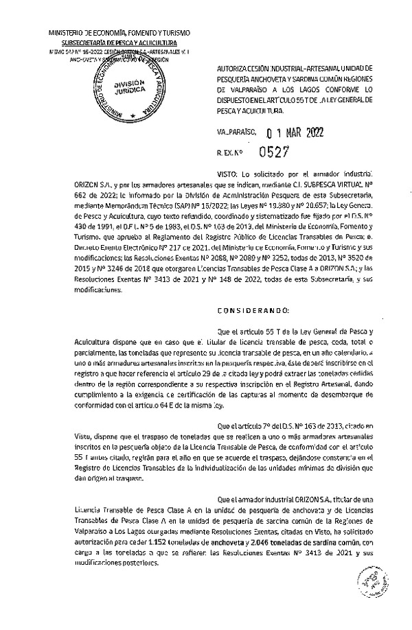 Res. Ex. N° 527-2022, Autoriza Cesión unidad de pesquería Anchoveta y Sardina Común, Regiones Valparaíso a Los Lagos. (Publicado en Página Web 01-03-2022)