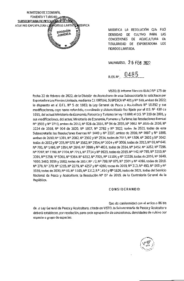 Res. Ex. N° 485-2022 Modifica Res. Ex. N° 1937-2021 Fija densidad de cultivo para las concesiones de acuicultura de titularidad de Exportadora Los Fiordos Limitada, Región de Aysén.(Con Informe Técnico) (Publicado en Página Web 02-03-2022)