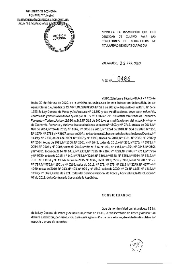 Res. Ex. N° 486-2022 Modifica Res. Ex. 155-2021 Fija densidad de cultivo para concesiones de acuicultura de titularidad de Aguas Claras S.A. (Con Informe Técnico) (Publicado en Página Web 02-01-2022)