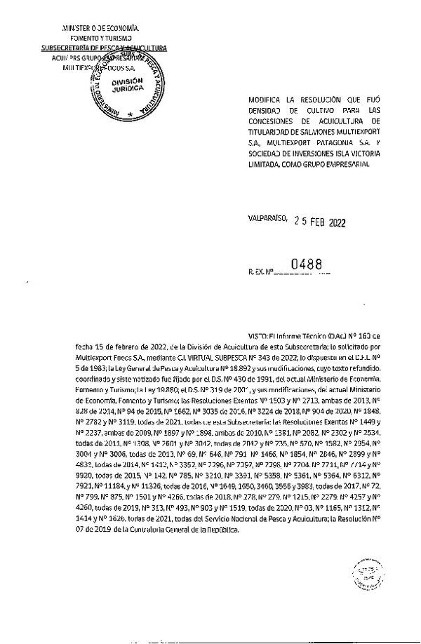 Res. Ex. N° 488-2022 Modifica Res. Ex. N° 1848-2021 Fija densidad de cultivo para las concesiones de acuicultura de Titularidad como grupo empresarial que señala.(Con Informe Técnico) (Publicado en Página Web 02-03-2022)