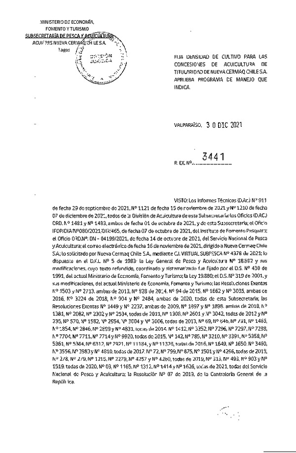 Res. Ex. N° 3441-2021 Fija densidad de cultivo para las concesiones de acuicultura de titularidad de Nueva Cermaq Chile S.A. (Con Informe Técnico) (Publicado en Página Web 30-12-2021).