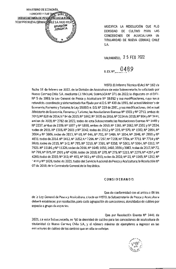 Res. Ex. N° 489-2022 Modifica Res. Ex. N° 3441-2021 Fija densidad de cultivo para las concesiones de acuicultura de titularidad de Nueva Cermaq Chile S.A. (Con Informe Técnico) (Publicado en Página Web 02-03-2022).