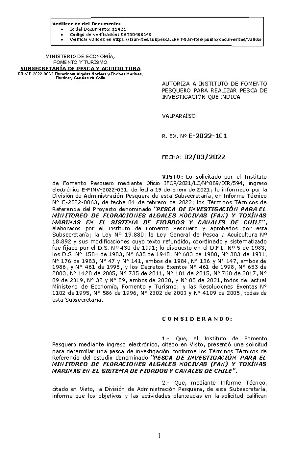 R. EX. Nº E-2022-101 PESCA DE INVESTIGACIÓN PARA EL MINITOREO DE FLORACIONES ALGALES NOCIVAS (FAN) Y TOXÍNAS MARINAS EN EL SISTEMA DE FIORDOS Y CANALES DE CHILE. (Publicado en Página web 02-03-2022)