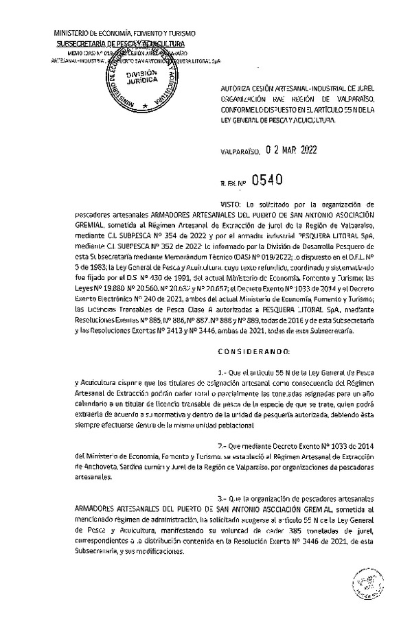 Res Ex N° 540-2022, Autoriza Cesión de Jurel Organización RAE Región de Los Lagos. (Publicado en Página Web 02-03-2022)