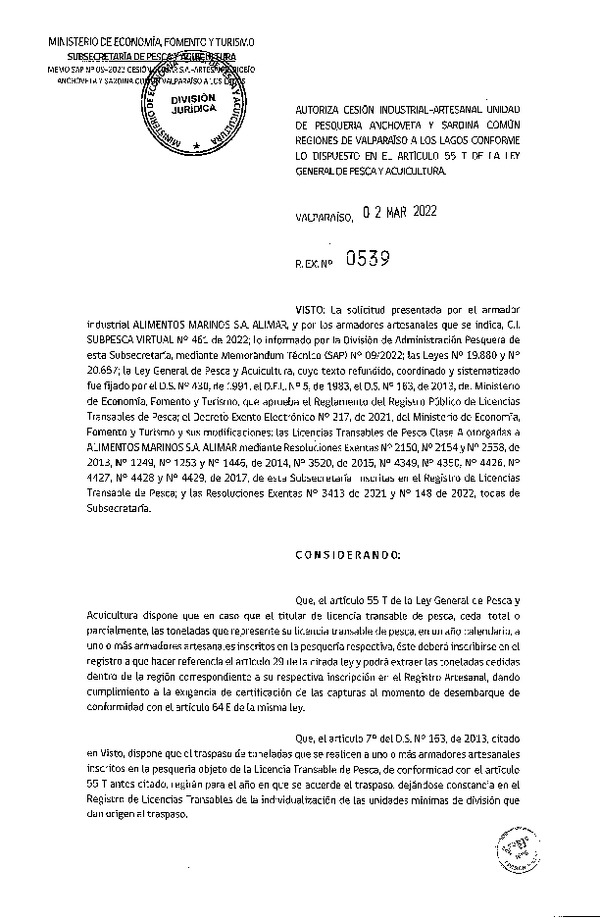 Res. Ex. N° 539-2022, Autoriza Cesión unidad de pesquería Anchoveta y Sardina Común, Regiones Valparaíso a Los Lagos. (Publicado en Página Web 02-03-2022)