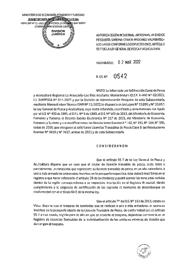 Res. Ex. N° 542-2022, Autoriza Cesión unidad de pesquería Sardina Común, Regiones Valparaíso a Los Lagos. (Publicado en Página Web 02-03-2022)