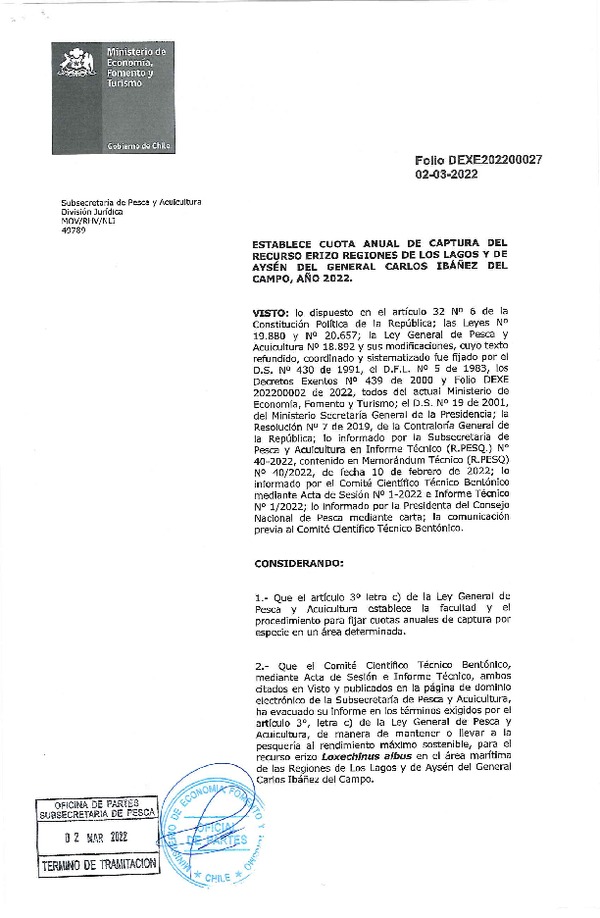 Dec. Ex. Folio N° 202200027 Establece Cuota Anual de Captura del Recurso Erizo, Regiones de Los Lagos y Aysén del General Carlos Ibañez del Campo, Año 2022. (Publicado en Página Web 02-03-2022)