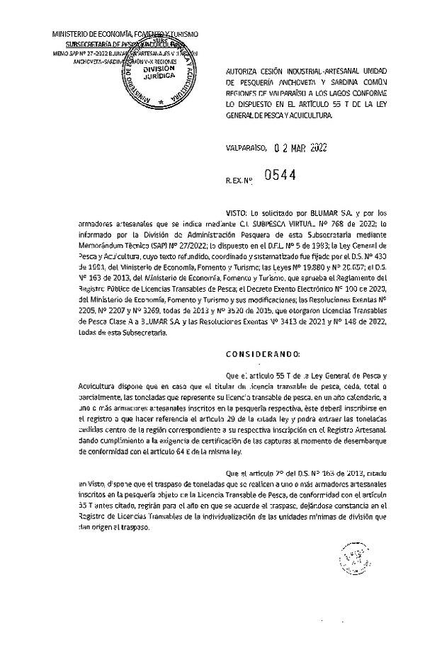 Res. Ex. N° 544-2022, Autoriza Cesión unidad de pesquería Anchoveta y Sardina Común, Regiones Valparaíso a Los Lagos. (Publicado en Página Web 02-03-2022)