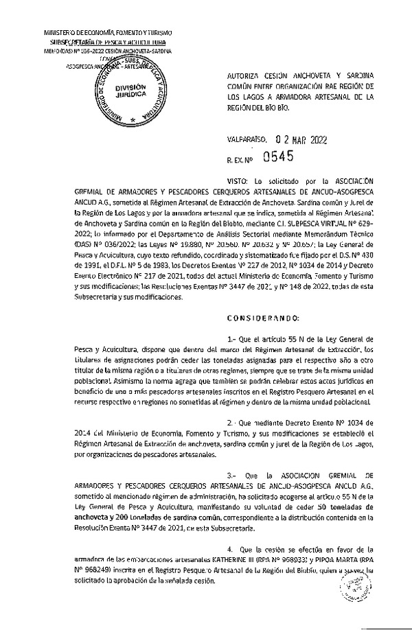 Res Ex N° 545-2022, Autoriza Cesión de Anchoveta y Sardina Común, Región de Los Lagos a Región del Biobío. (Publicado en Página Web 02-03-2022)