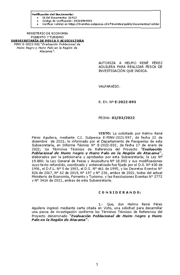 R. EX. Nº E-2022-095 Evaluación Poblacional de Huiro Negro y Huiro Palo en la Región de Atacama. (Publicado en Página Web 03-03-2022)