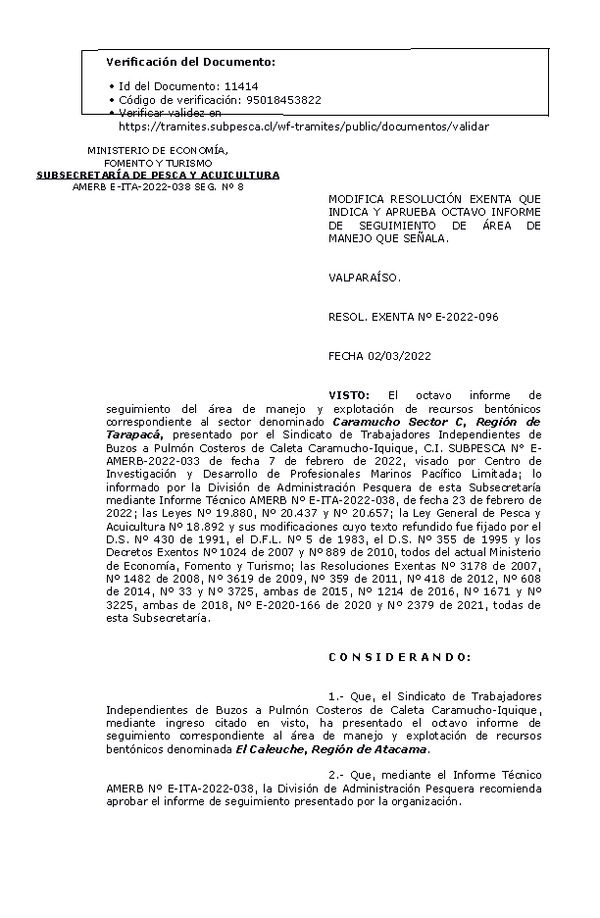 RESOL. EXENTA Nº E-2022-096  Modifica resolución que indica, Aprueba 8° Seguimiento. (Publicado en Página Web 03-03-2022)