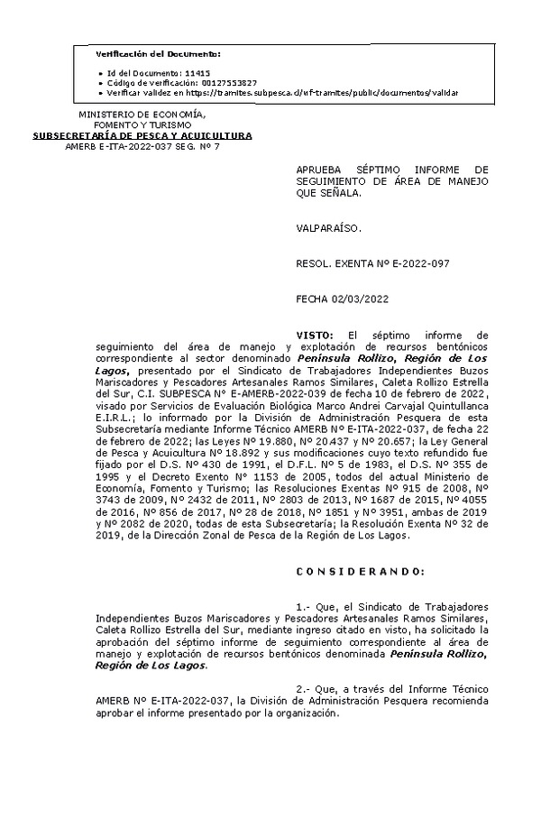 RESOL. EXENTA Nº E-2022-097  Aprueba 7° Seguimiento. (Publicado en Página Web 03-03-2022)