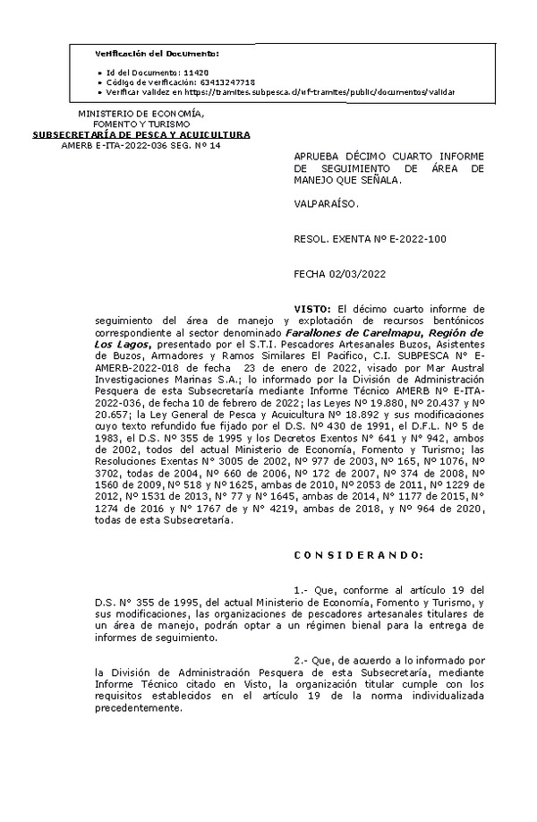 RESOL. EXENTA Nº E-2022-100  Aprueba 14° Seguimiento. (Publicado en Página Web 03-03-2022)