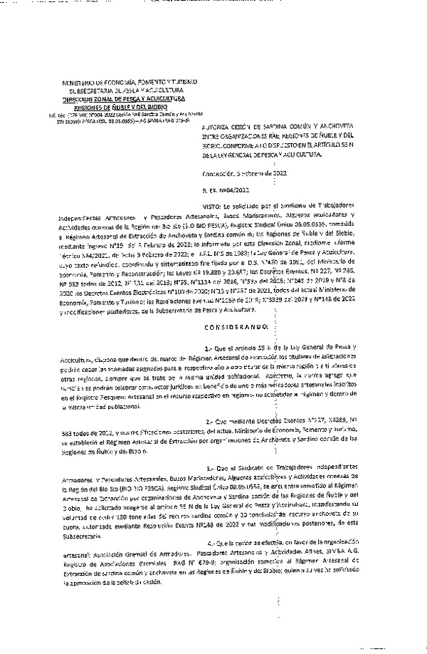Res. Ex. N° 004-2022 (DZP Ñuble y del Biobío) Autoriza cesión Sardina común y Anchoveta.