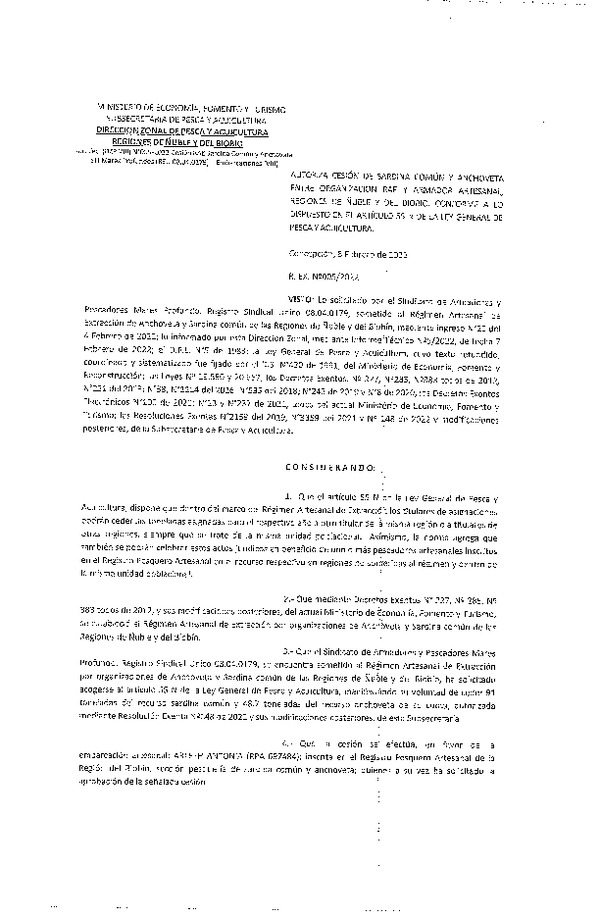 Res. Ex. N° 005-2022 (DZP Ñuble y del Biobío) Autoriza cesión Sardina común y Anchoveta.