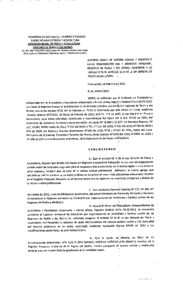 Res. Ex. N° 007-2022 (DZP Ñuble y del Biobío) Autoriza cesión Sardina común y Anchoveta.