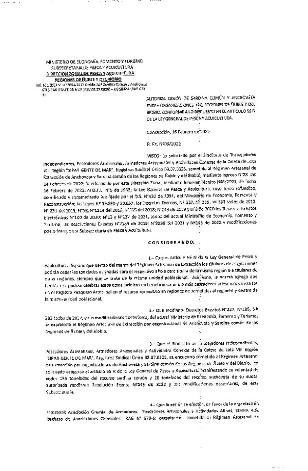 Res. Ex. N° 008-2022 (DZP Ñuble y del Biobío) Autoriza cesión Sardina común y Anchoveta.