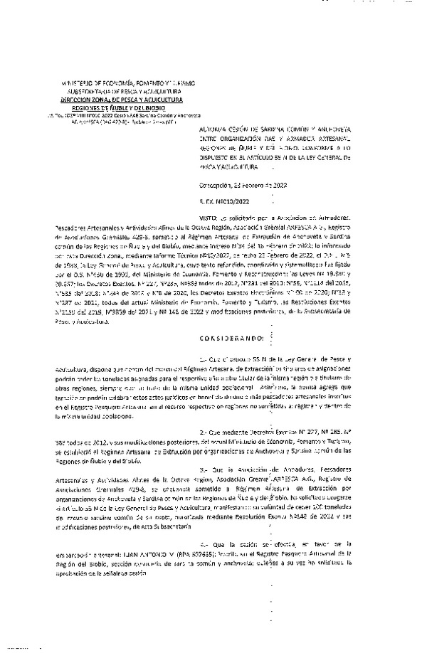 Res. Ex. N° 010-2022 (DZP Ñuble y del Biobío) Autoriza cesión Sardina común y Anchoveta.