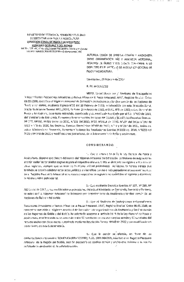 Res. Ex. N° 011-2022 (DZP Ñuble y del Biobío) Autoriza cesión Sardina común y Anchoveta.